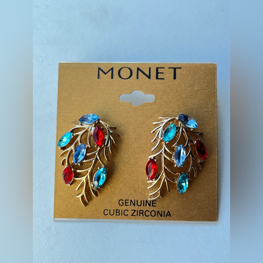Monet Gold Leaf Earrings with Red and Blue Accents